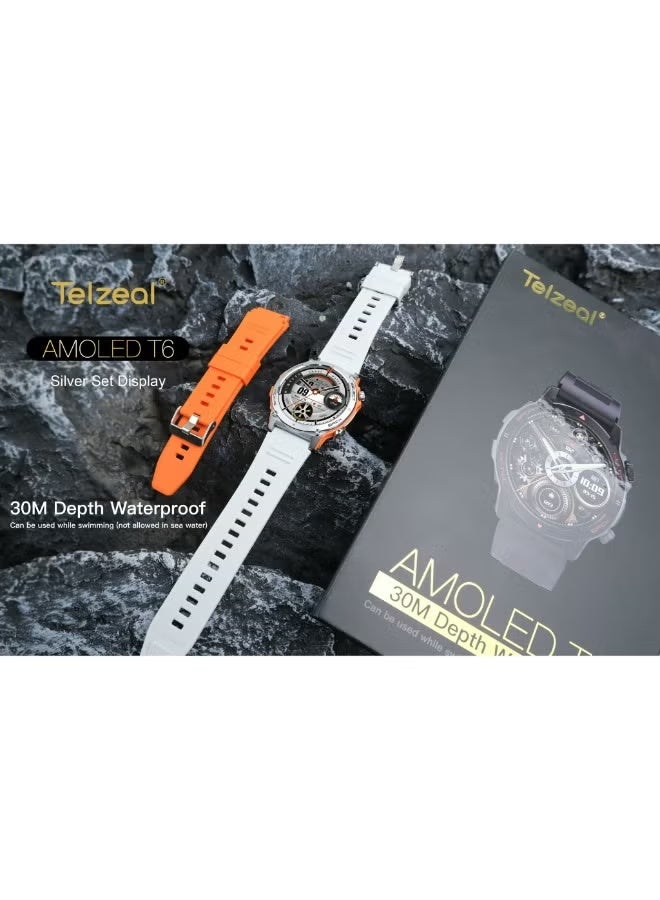 Telzeal AMOLED T6 Smartwatch with AMOLED Display – 30M Waterproof, 2 Interchangeable Straps, Magnetic Charger, Fitness & Health Tracking, Bluetooth Notifications – Silver - Image 3